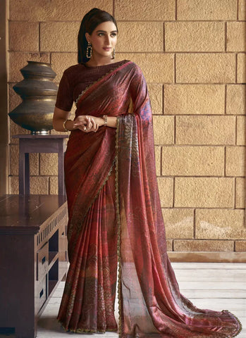 Dark Brown Satin Silk Handworked Printed Designer Saree - women's fashion mart