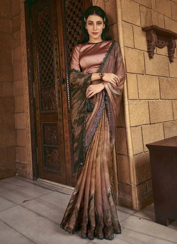 Brown Shaded Satin Silk Pure Hand Stone Worked Saree - women's fashion mart