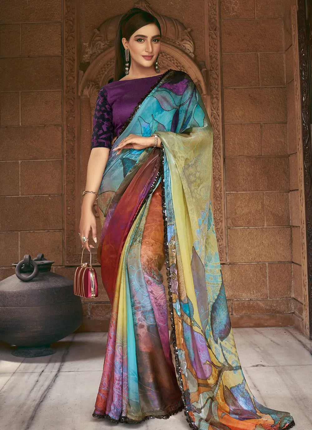 Abstract Printed Saton Silk Bead Sequins Worked Designer Saree - women's fashion mart