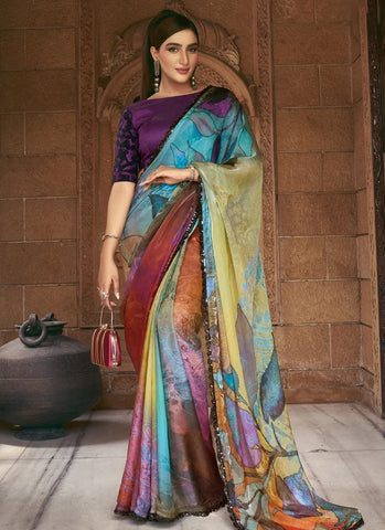 Abstract Printed Saton Silk Bead Sequins Worked Designer Saree - women's fashion mart
