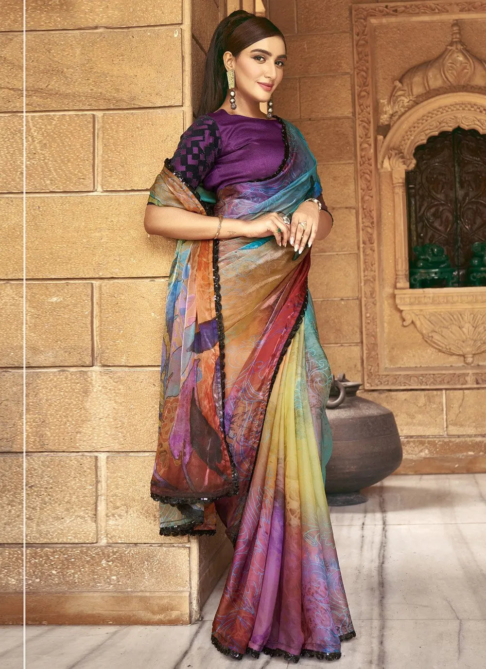 Abstract Printed Saton Silk Bead Sequins Worked Designer Saree - women's fashion mart