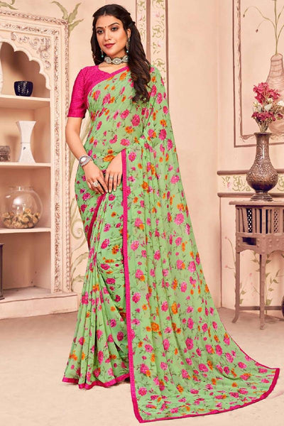 Casual Wear Sea Sea Green Color Printed Saree.