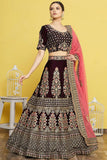 Wine Velvet Fabric Embroidered Bridal Lehenga Choli.