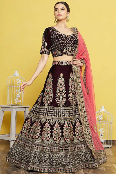 Wine Velvet Fabric Embroidered Bridal Lehenga Choli.