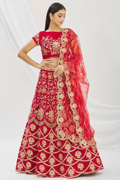 Red Embroidered Velvet Bridal Lehenga Choli.