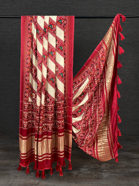 Off White Color Digital Patola Printed Pure Gaji Silk Dupatta With Tassels