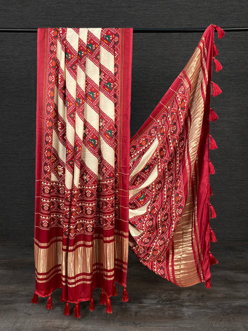 Off White Color Digital Patola Printed Pure Gaji Silk Dupatta With Tassels