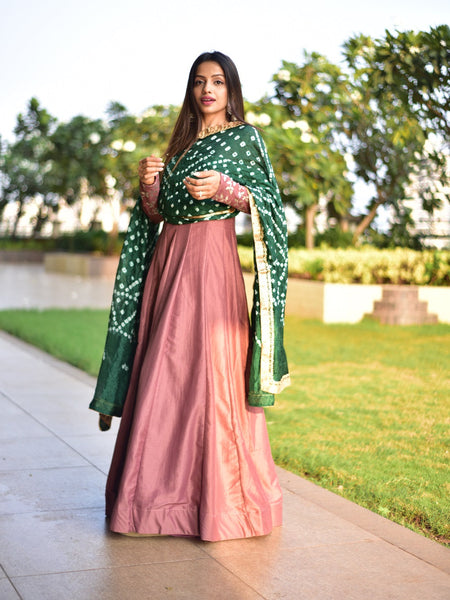 Onion Color Chinon Gown With Bandhej Silk Dupatta