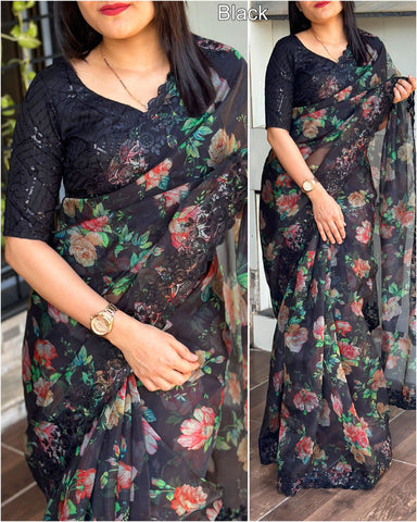 Organza Silk Saree with Floral Digital Print and Lucknowi Chikankari Zari Embroidery, Viscose Thread Border – Includes Raw Silk Blouse -floral printed saree Default Title women's fashion mart