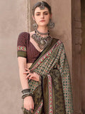 Elegant Otter Brown Ajrakh Printed Sigma Silk Traditional Saree - women's fashion mart