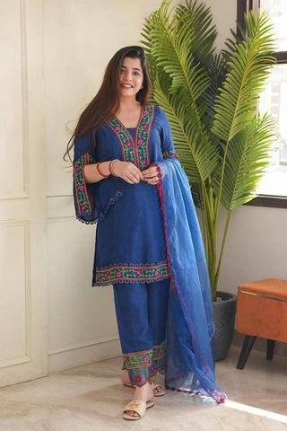 Ethnic Heavy Rayon Salab Set with Intricate Handwork Embroidery – Fully Stitched Kurti, Pant & Cotton Dupatta - S women's fashion mart