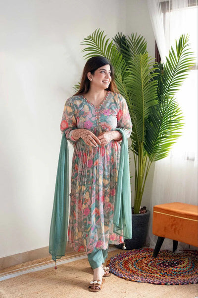 Floral Elegance Alia Cut Suit Set in Mehera Green  women's fashion mart