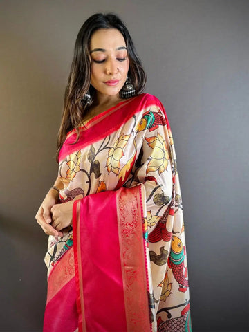 Ivory Silk Symphony Kalmkari Saree  women's fashion mart