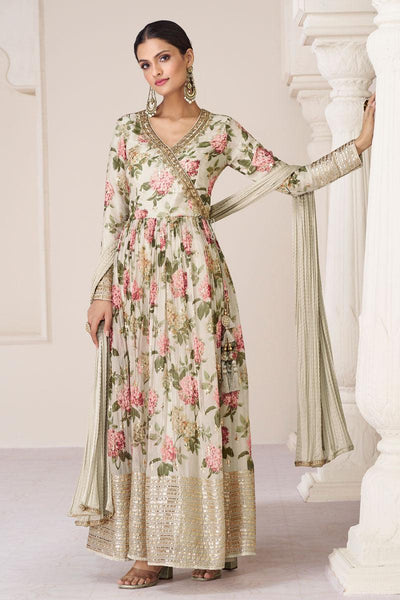 Incredible Organza Fabric Cream Color Readymade Anarkali Suit.