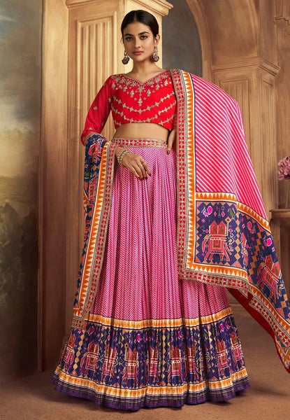 Enchanting Gaji Silk Pink-Red Patola Printed Lehenga Choli - women's fashion mart