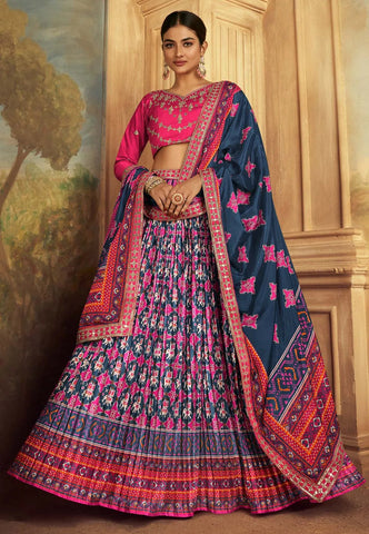 Vibrant Gaji Silk Pink-Navy Patola Printed Lehenga Choli - women's fashion mart