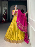 Plain With Zari Line Gota Patti And Embossed Design Lace Touch Up lehenga -Lehenga Choli Set Yellow women's fashion mart
