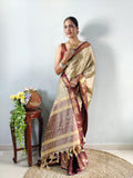 Zari Weaving Banarasi Soft Silk Ready to Wear Saree -Ready to Wear Saree chikow maroon women's fashion mart