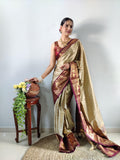 Zari Weaving Banarasi Soft Silk Ready to Wear Saree -Ready to Wear Saree peach maroon women's fashion mart
