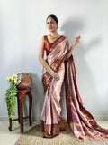 Zari Weaving Banarasi Soft Silk Ready to Wear Saree -Ready to Wear Saree peach maroon women's fashion mart