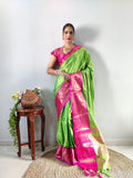 Zari Weaving Banarasi Soft Silk Ready to Wear Saree -Ready to Wear Saree peach maroon women's fashion mart