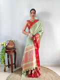 Zari Weaving Banarasi Soft Silk Ready to Wear Saree -Ready to Wear Saree peach maroon women's fashion mart