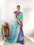 Zari Weaving Banarasi Soft Silk Ready to Wear Saree -Ready to Wear Saree sea green purple women's fashion mart
