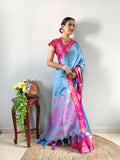 Zari Weaving Banarasi Soft Silk Ready to Wear Saree -Ready to Wear Saree peach maroon women's fashion mart