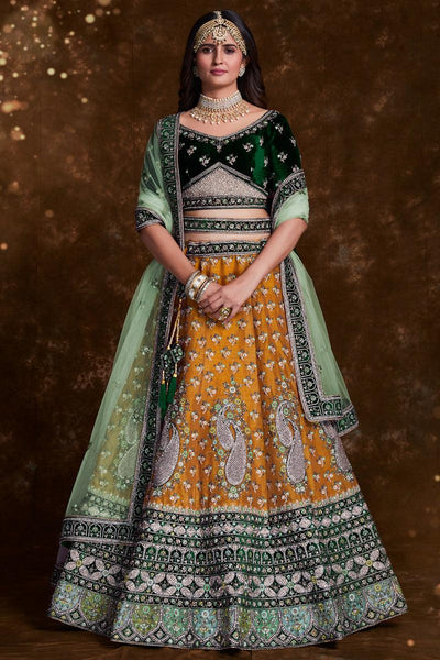 Mustard Designer Embroidered Lehenga Choli In Art Silk Fabric With Alluring Blouse.