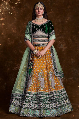 Mustard Designer Embroidered Lehenga Choli In Art Silk Fabric With Alluring Blouse.