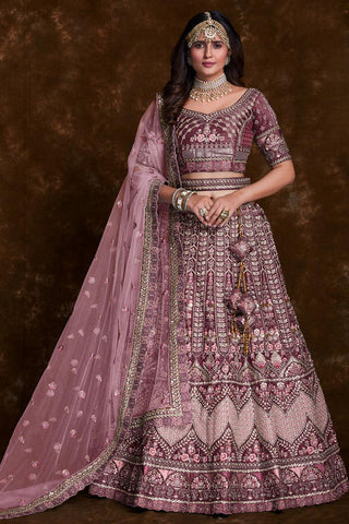 Art Silk Wine Fucntion Wear Lehenga With Embroidery Work And Artistic Blouse.