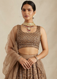 Pretty Soft Net Sequence Zari Embroidery Work Brown Lehenga  women's fashion mart
