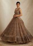 Pretty Soft Net Sequence Zari Embroidery Work Brown Lehenga  women's fashion mart