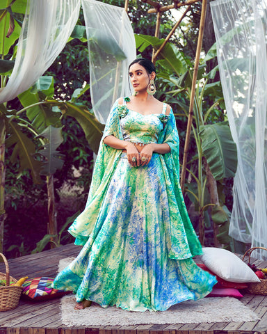 Printed Stitched Stylish Lehenga Choli with Fancy Dupatta -Lehenga Choli lighten blue / free size upto 42 inches women's fashion mart