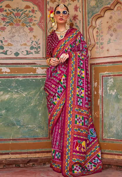 Glorious Wine Traditional Printed Silk Saree - women's fashion mart