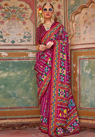 Glorious Wine Traditional Printed Silk Saree - women's fashion mart