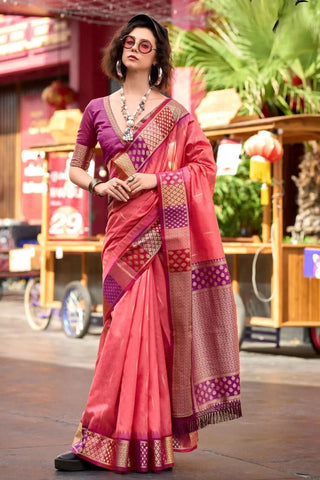 Rose Pearl Peach Woven Banarasi Silk Saree - women's fashion mart