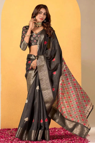 Elegant Black Soft Dola Silk Saree with Intricate Woven Pattern - women's fashion mart
