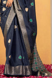 Navy Blue Soft Dola Silk Saree with Elegant Woven Detailing - women's fashion mart