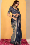 Navy Blue Soft Dola Silk Saree with Elegant Woven Detailing - women's fashion mart