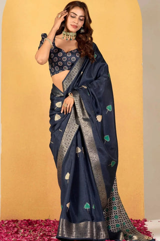 Navy Blue Soft Dola Silk Saree with Elegant Woven Detailing - women's fashion mart