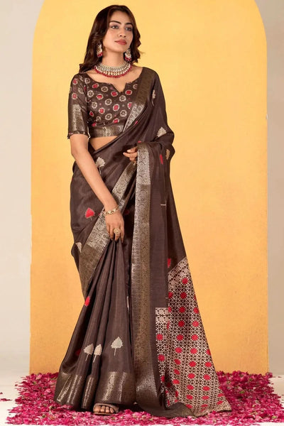 Dark Brown Soft Dola Silk Woven Worked Worked Classic Saree - women's fashion mart