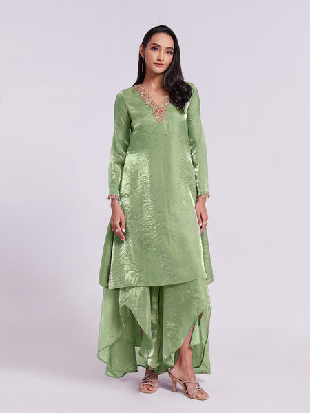 Designer Pista Green Pure Organza Hand Worked Kurta Set - women's fashion mart