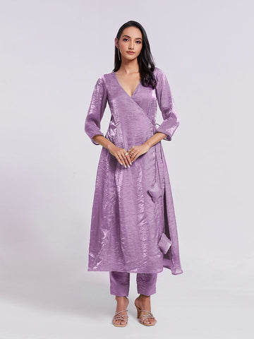 Stunning Lilac Purple Pure Organza Angrakha Style Kurta Set - women's fashion mart