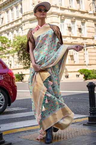 Satin Organza Sea Green Color Gorgeous Digital Printed Saree.