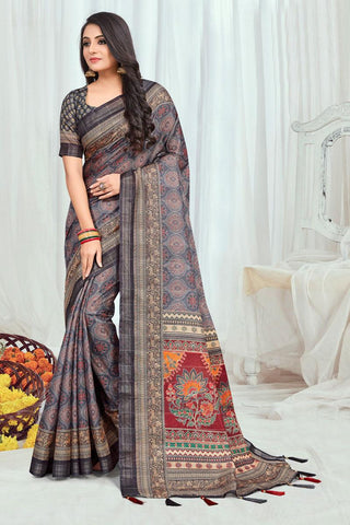 Alluring Grey Cotton Casual Printed Saree.