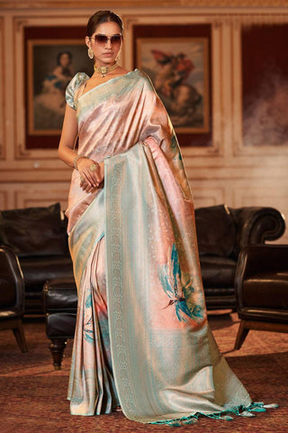 Classic Peach Color Jacquard Digital Printed Saree.