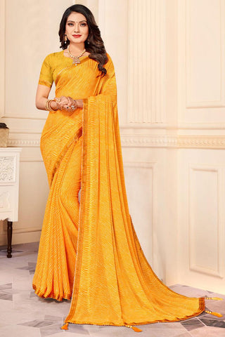 Chiffon Fabric Brilliant Printed Work Saree In Mustard Color.