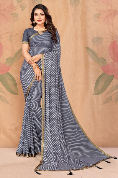 Chiffon Fabric Attractive Casual Look Grey Color Saree.
