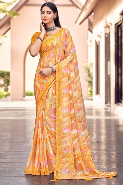 Yellow Attractive Chiffon Casual Saree With Printed Work.